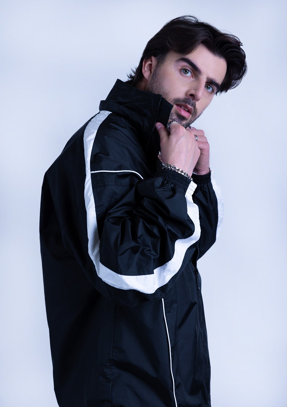 2600S Unisex Full Zipper Taffeta Nylon Tracksuit Jacket and Joggers Set with White Piping - Black