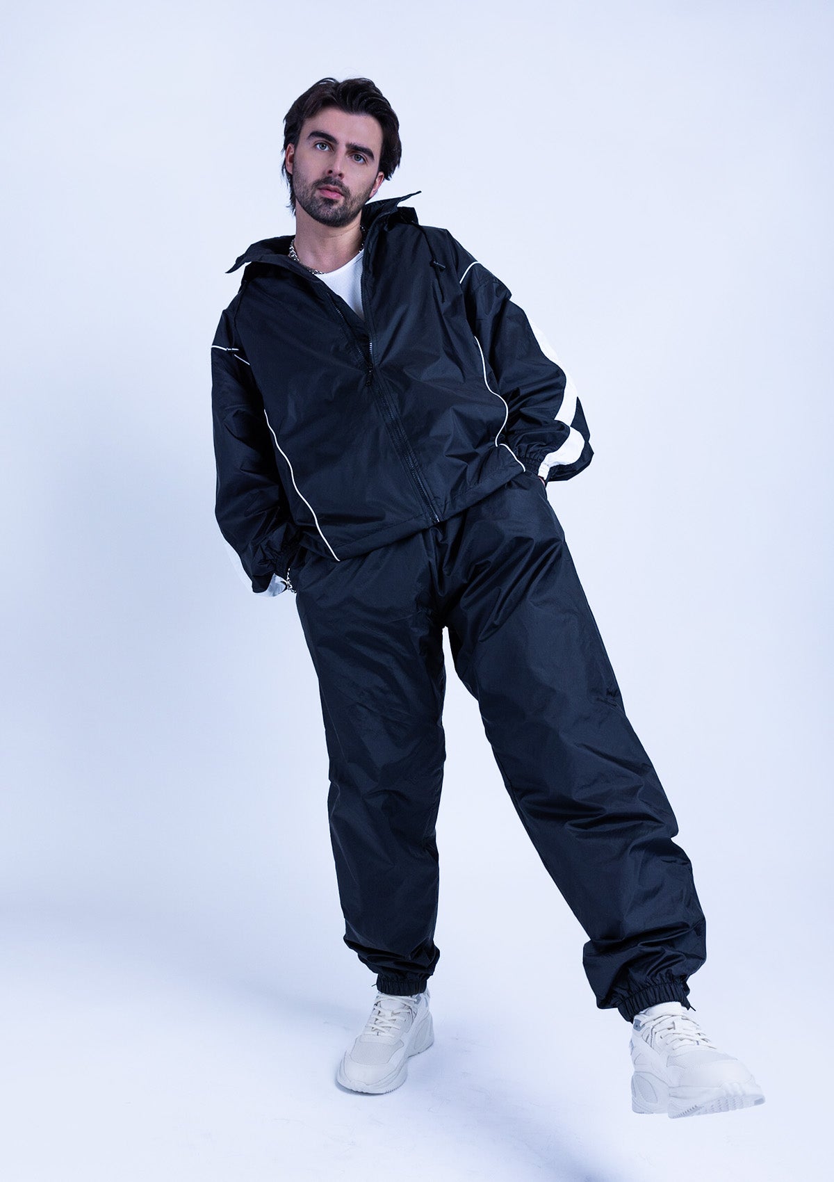 2600S Unisex Full Zipper Taffeta Nylon Tracksuit Jacket and Joggers Set with White Piping - Black