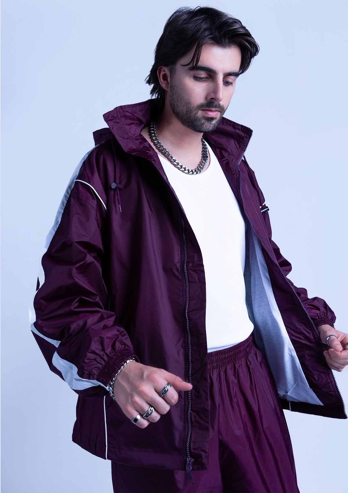 Women White & Black Terry Zipper Jacket With Track Pants main image 0