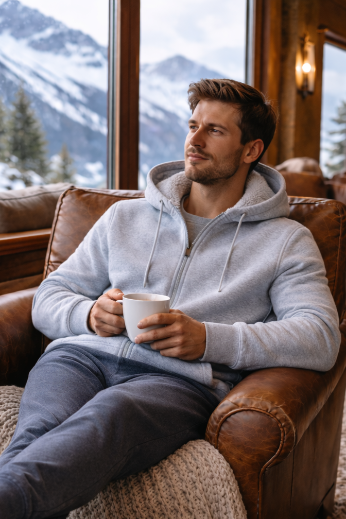 Man sitting on a brown leather couch in a sherpa jacket with mountain view.