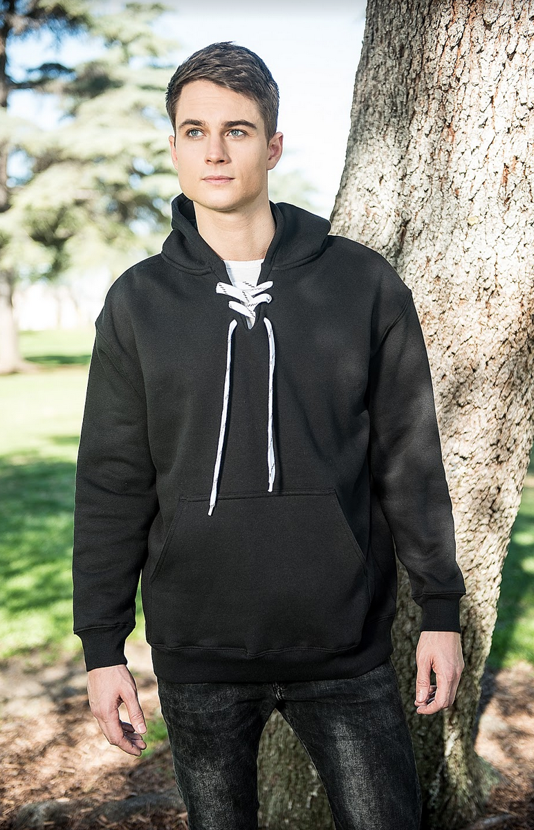9801 12 oz. Unisex Hockey Style Hooded Pullover Sweatshirt with Laces