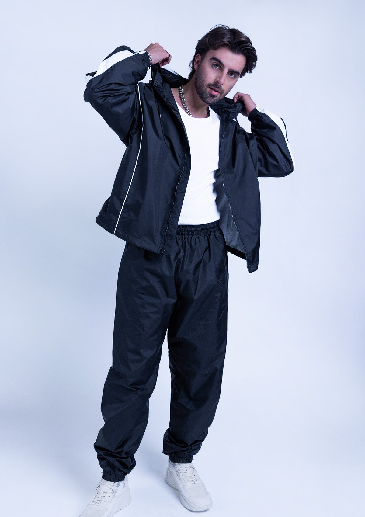 2600S Unisex Full Zipper Taffeta Nylon Tracksuit Jacket and Sweatpants Set with White Piping - Black