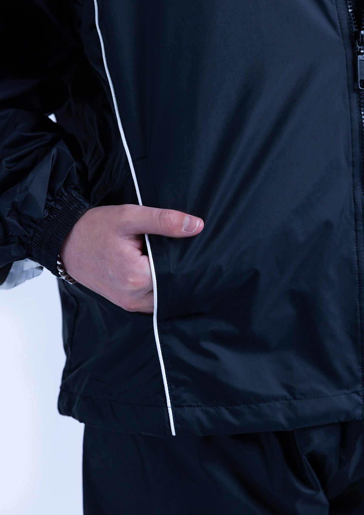 2600S Unisex Full Zipper Taffeta Nylon Tracksuit Jacket and Sweatpants Set with White Piping - Black