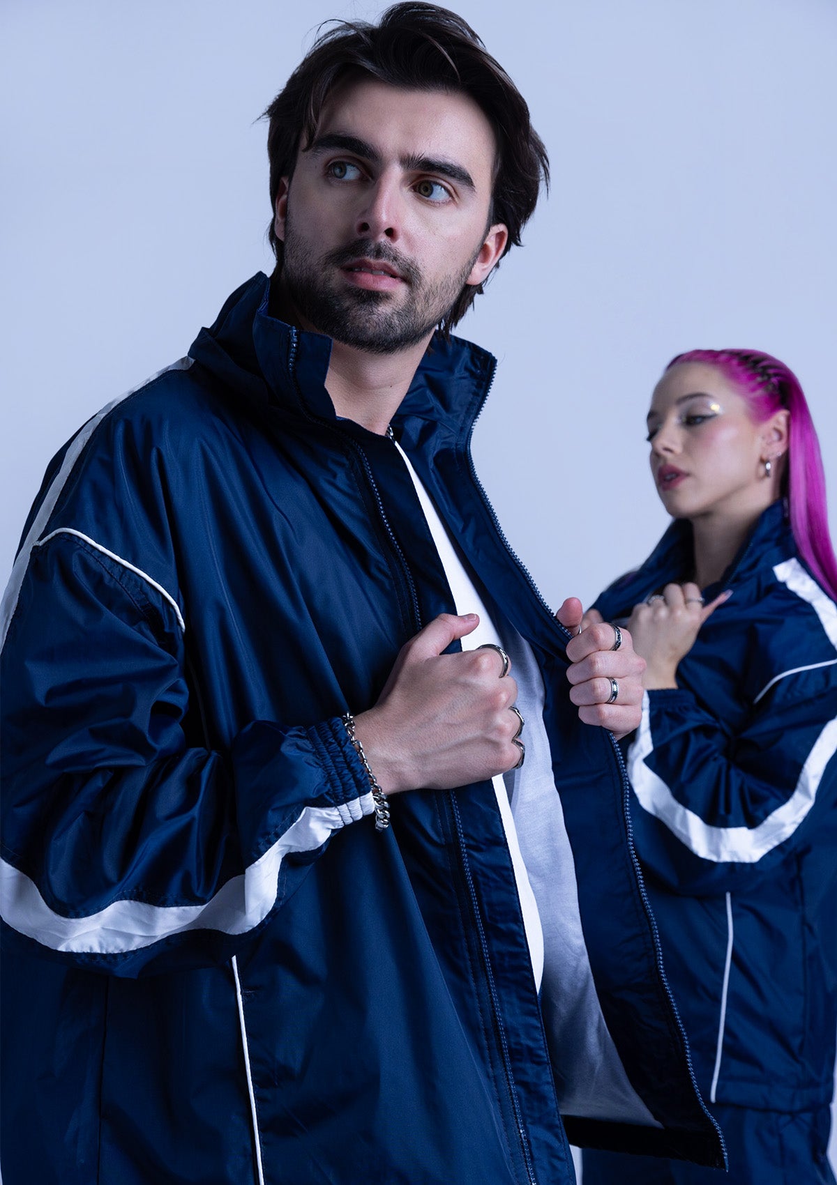 2600S Unisex Full Zipper Taffeta Nylon Tracksuit Jacket and Sweatpants Set  with White Piping - Navy Blue